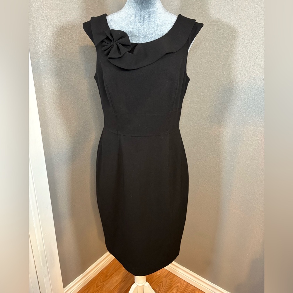 Calvin Klein Collared Rosette Black Sheath Dress Size 10